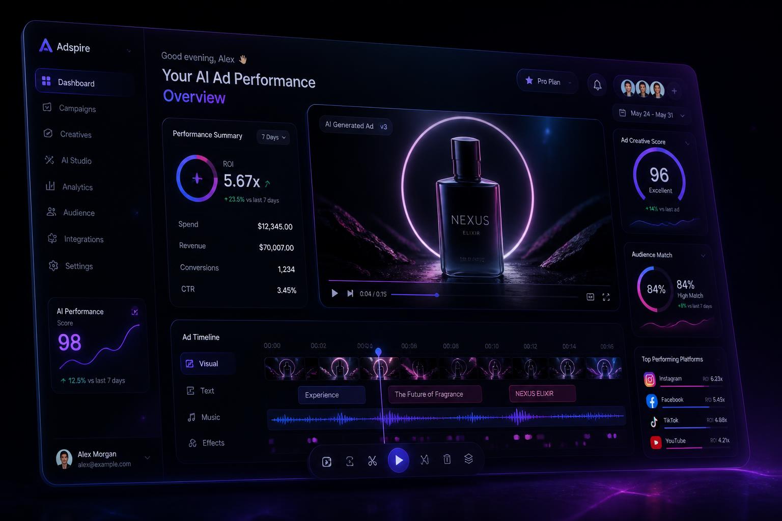 AdVanta AI ad studio generating a cinematic product video ad